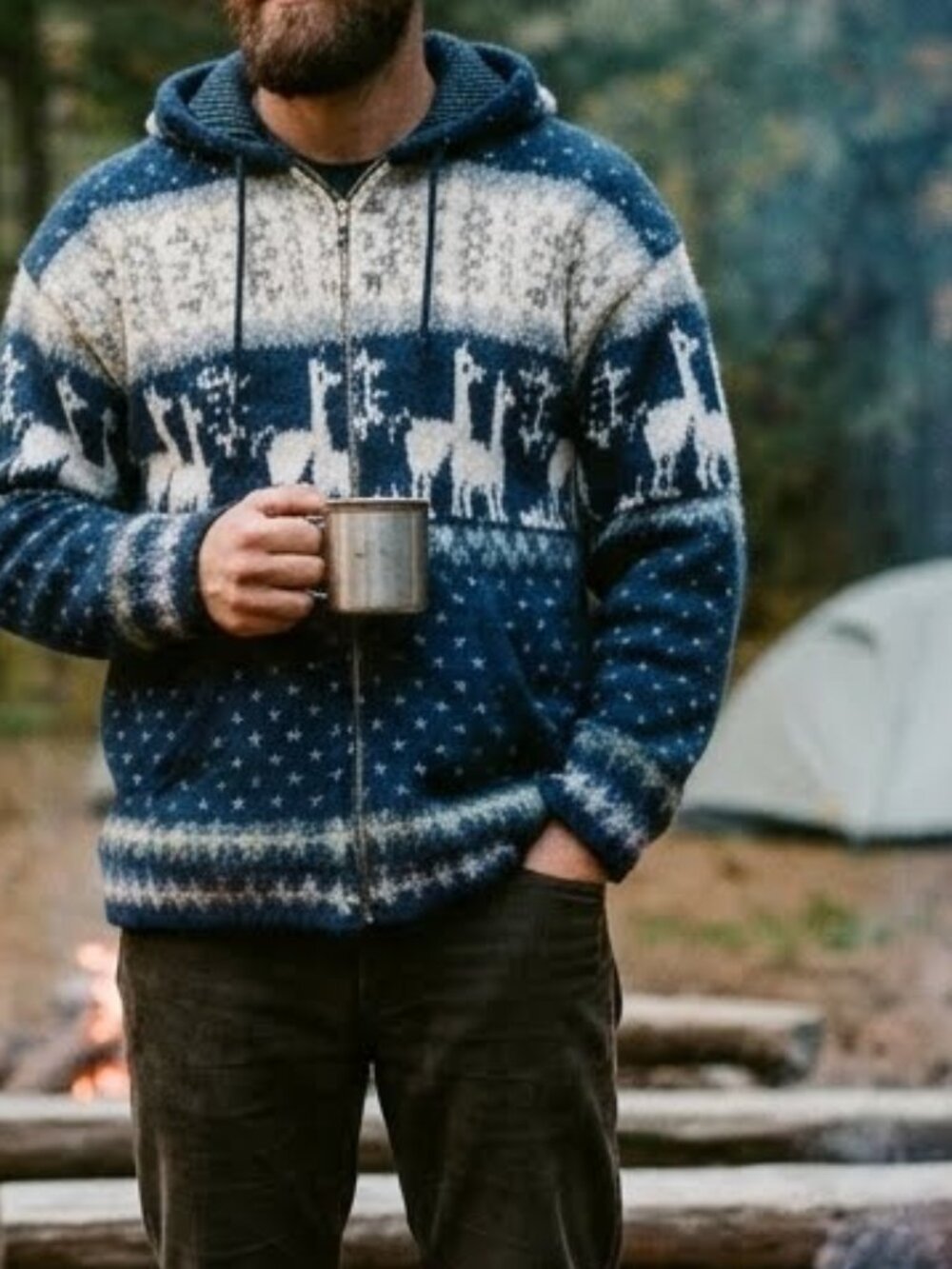 Tejidos Ruminahui Vintage Men's Knit Hoodie Jacket Llamas Blue Size M/L Sweater